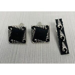 Cufflinks and Tie‎ Clip Sea Shell Theme, Silver and Black formal